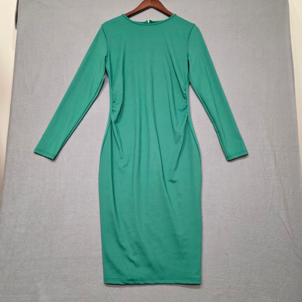 Womens Bodycon Stretch‎ Green Long Sleeve Round Neck Midi Dress Size L 05